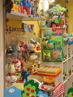 a store filled with lots of toys and stuffed animals on shelves next to each other