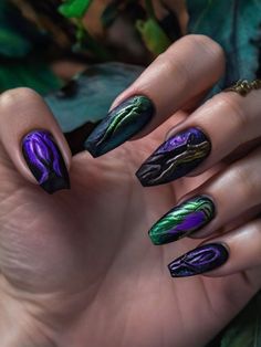 55+ Creative Maleficent Nail Designs and Ideas | Sarah Scoop Malificent Nail Design Simple, Maleficent Nail Art, Disney Villian Nail Art, Disney Villain Nail Art, Maleficent Nails, Nails Design Ideas, Matte Black Nails, Hacks Beauty, Nails Green