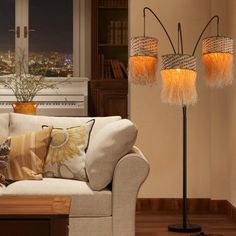 a living room scene with focus on the floor lamp