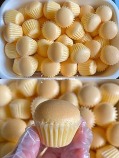 there are two pictures of different types of desserts in the same bowl and one is holding a cupcake