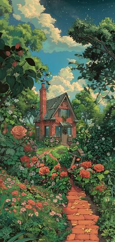 a painting of a house in the middle of flowers and trees with a pathway leading to it