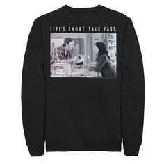 a black sweatshirt with the words life's short talk fast on it and an image of