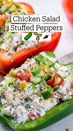 chicken salad stuffed peppers on a cutting board