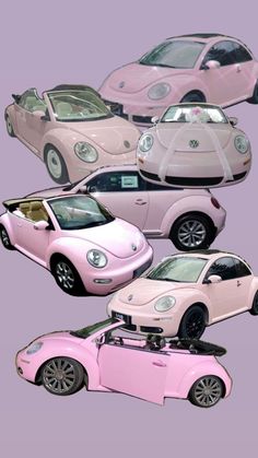 four different types of cars are shown in this image, one is pink and the other is white