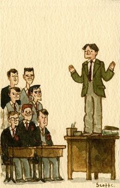 a man standing on top of a desk in front of a group of other men