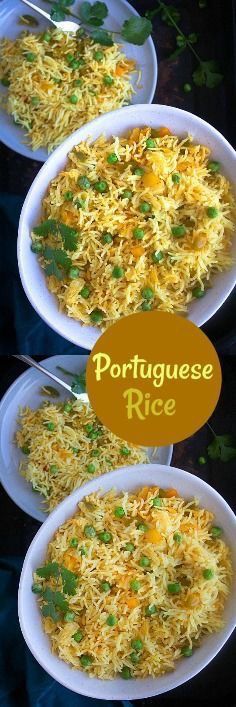 three white plates filled with rice and vegetables on top of each other in front of the words portuguese rice