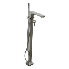 a faucet with a hand shower head and handset in stainless steel finish