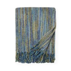 a blue and yellow blanket on a white background