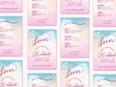 wedding program cards with watercolor clouds and the words, love is in the air