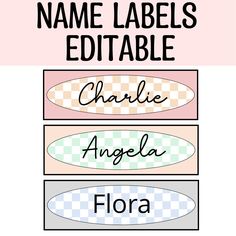 the name labels are shown in three different colors and font options for each label, including one