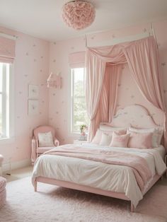 a bedroom decorated in pink and white