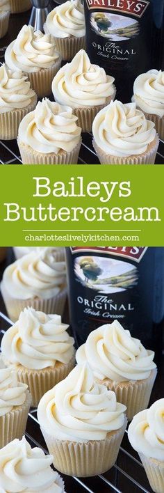 bailey's buttercream cupcakes on a cooling rack