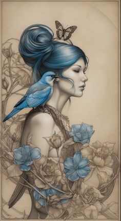 a drawing of a woman with blue hair and a bird on her shoulder, surrounded by flowers