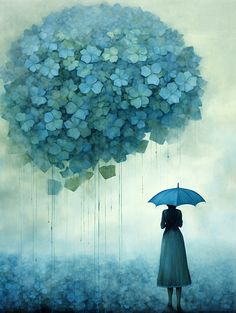 a painting of a woman holding an umbrella in the rain with blue flowers above her head