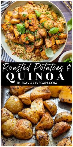 roasted potatoes and quinoa with text overlay