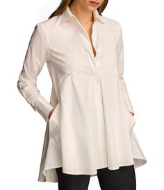 Chic Fitted A-line Tops, Chic A-line Fitted Tops, Elegant Fitted Tunic For Workwear, Chic Blouse With Fitted High-low Hem, Elegant Tunic With Buttons, Elegant Long Sleeve Tunic With Buttons, Fitted Long Sleeve Tunic For Work, Spring Workwear Fitted Tunic, Chic Fitted Tunic For Fall