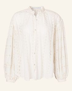 Introducing the Valley Lily Blouse: A stunning white lace blouse adorned with a delicate embroidered pattern, featuring a ruffled high collar and long puffed sleeves. Alix Of Bohemia, Poet Blouse, The Poet, Ruffled Collar, Mother Of Pearl Buttons, Collar And Cuff, Lace Blouse, Cotton Lace, Shirt Top