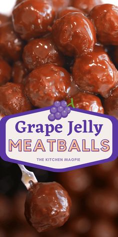 grape jelly meatballs on a spoon with the text grape jelly meatballs