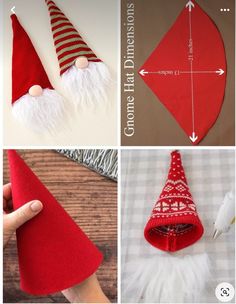 four pictures showing how to make christmas gnome hats