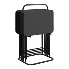 a black trash can sitting on top of a metal stand with two bins attached to it