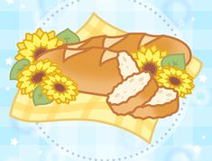 a piece of bread with sunflowers on it sitting on top of a blue and white checkered table cloth