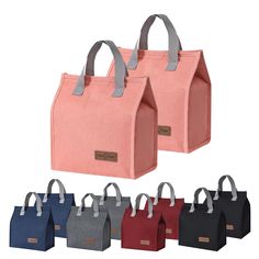 four bags with handles are shown in different colors and sizes, including pink, blue, red