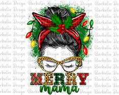 a woman wearing glasses and a christmas wreath with the words merry mama on her head