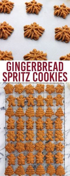 the cover of gingerbread spritz cookies is shown in front of a white marble counter