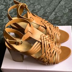 Brand New, Never Worn. Brown Size 11 Brown Summer Sandals With Block Heel, Brown Block Heel Summer Sandals, Brown Heels For Spring Vacation, Tan Heels For Summer, Summer Brown Open Heel Heels, Chic Tan Heels For Spring, Spring Tan Open Toe Sandals, Summer Tan Closed Toe Sandals, Summer Tan Closed-toe Sandals