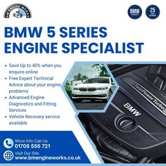 an advertisement for bmw's engine repair shop with the words bmv 5 series engine specialist