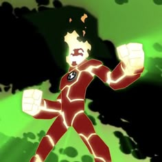 an animated image of a man in a red suit with his arms out and fists up