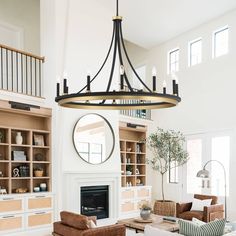 a living room filled with furniture and a fire place in the middle of a room