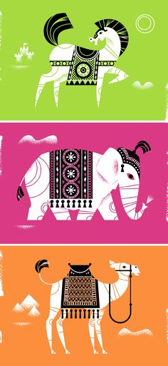 three different colored banners with an elephant on one side and a horse on the other