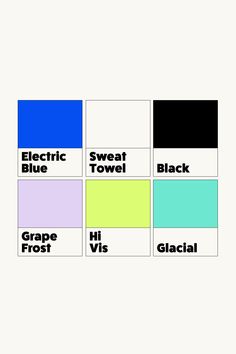 four squares with the words electric blue, sweat towel, grape frost, and glacial