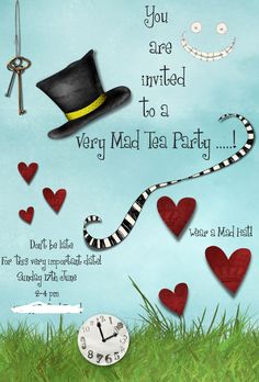 a birthday card for a very mad tea party with an image of a snake and top hat