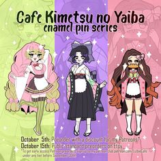 three anime characters are standing in front of the caption that says cafe kimetsu no yaiba