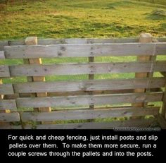 a wooden fence with grass and sheep in the background, on top of it is a quote about how to use pallets