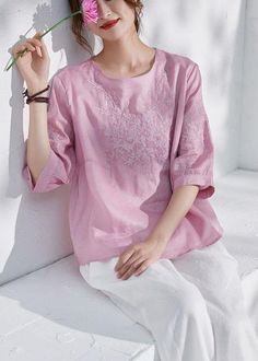 Art Pink O-Neck Embroideried Patchwork Summer Ramie Shirt Top Half Sleeve - SooLinen Printed Silk Blouses, Half Sleeve Tops, Cotton Dress Summer, Comfortable Room, Art Pink, Lace Maxi, Lace Maxi Dress, Cup Size, Summer Maxi Dress