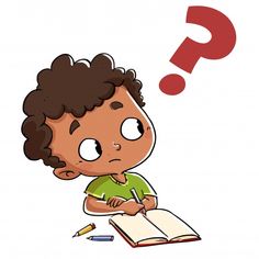 a young boy sitting at a desk with an open book and a question mark above his head