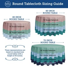 round tablecloth size guide for tables with different colors and sizes on each table top