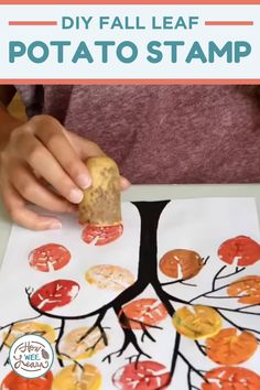 a kid is making a fall leaf potato stamp art project with the words, diy fall leaf potato stamp