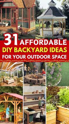 the backyard is filled with different types of outdoor furniture and landscaping items to make it look like