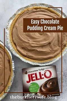 two pies with chocolate pudding in them and the text overlay says easy chocolate pudding cream pie