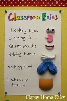 a classroom rules sign with an image of a man's face on it and the words happy home fairy