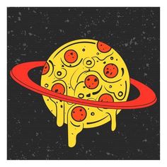 a pizza with toppings on it and a red ring around the edges, in front of a black background