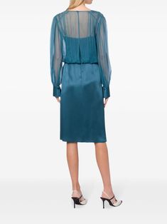 Alberta Ferretti sheer-overlay Midi Dress - Farfetch Knee-length Silk Midi Dress With Pleated Sleeves, Spring Silk Midi Dress With Sheer Sleeves, Sheer Silk Long Sleeve Dress, Sheer Silk Midi Dress For Formal Occasions, Formal Sheer Silk Midi Dress, Knee-length Silk Midi Dress With Gathered Sleeves, Silk Midi Dress With Pleated Sleeves For Fall, Elegant Blue Sheer Midi Dress, Midi Dress Green