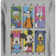 mickey and friends sweatshirt in grey with cartoon characters on the chest, front and back