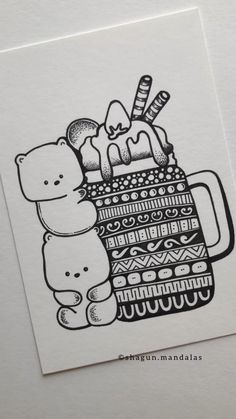 a black and white drawing of a teddy bear sitting in a mug with marshmallows on it