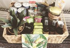 a wicker basket filled with personal care items