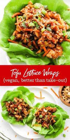 lettuce wraps filled with meat and vegetables on top of a white plate next to a